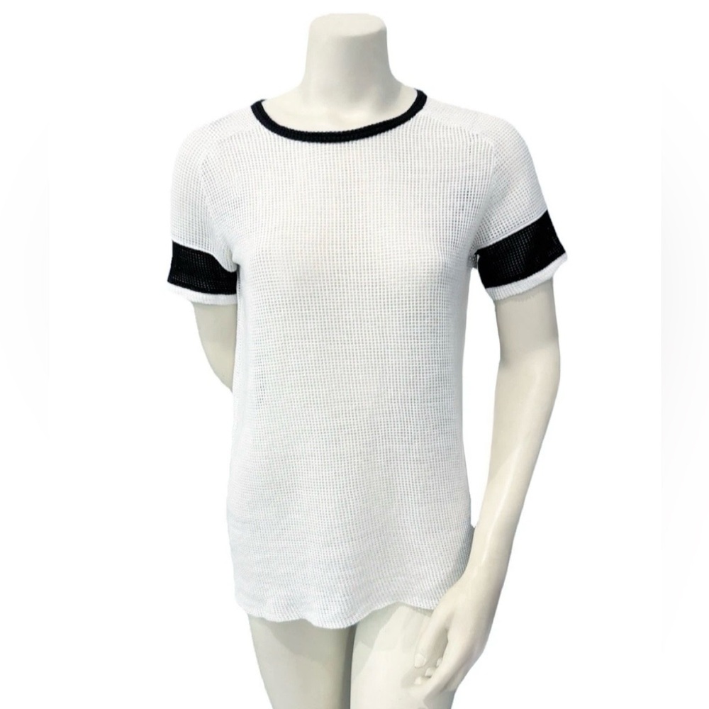 IRO Kizzy White Waffle Knit Top Black Trim Short Sleeve Size S